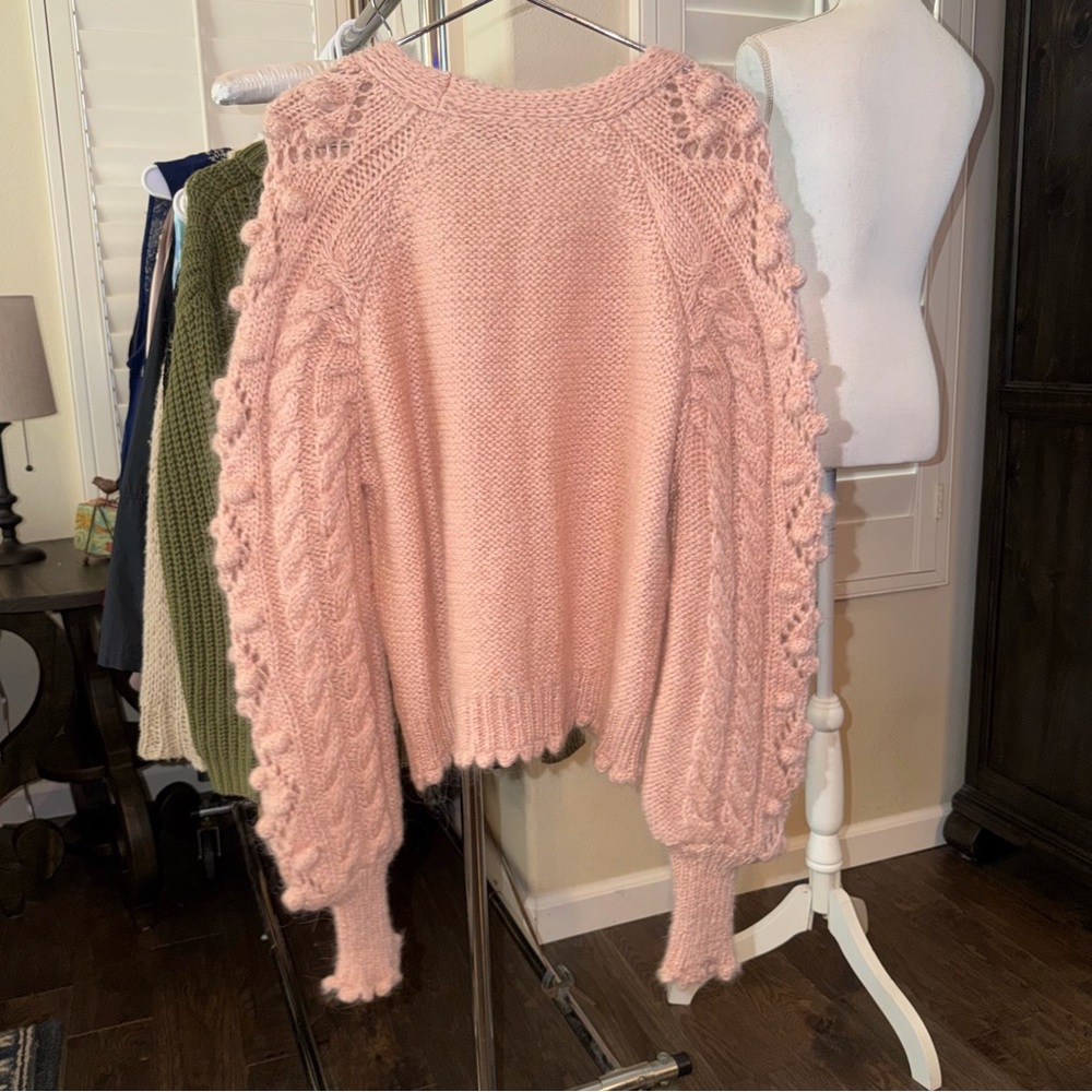Zara Blush Pink Fuzzy Cable Knit Cardigan with Cute Buttons - Picture 7 of 16
